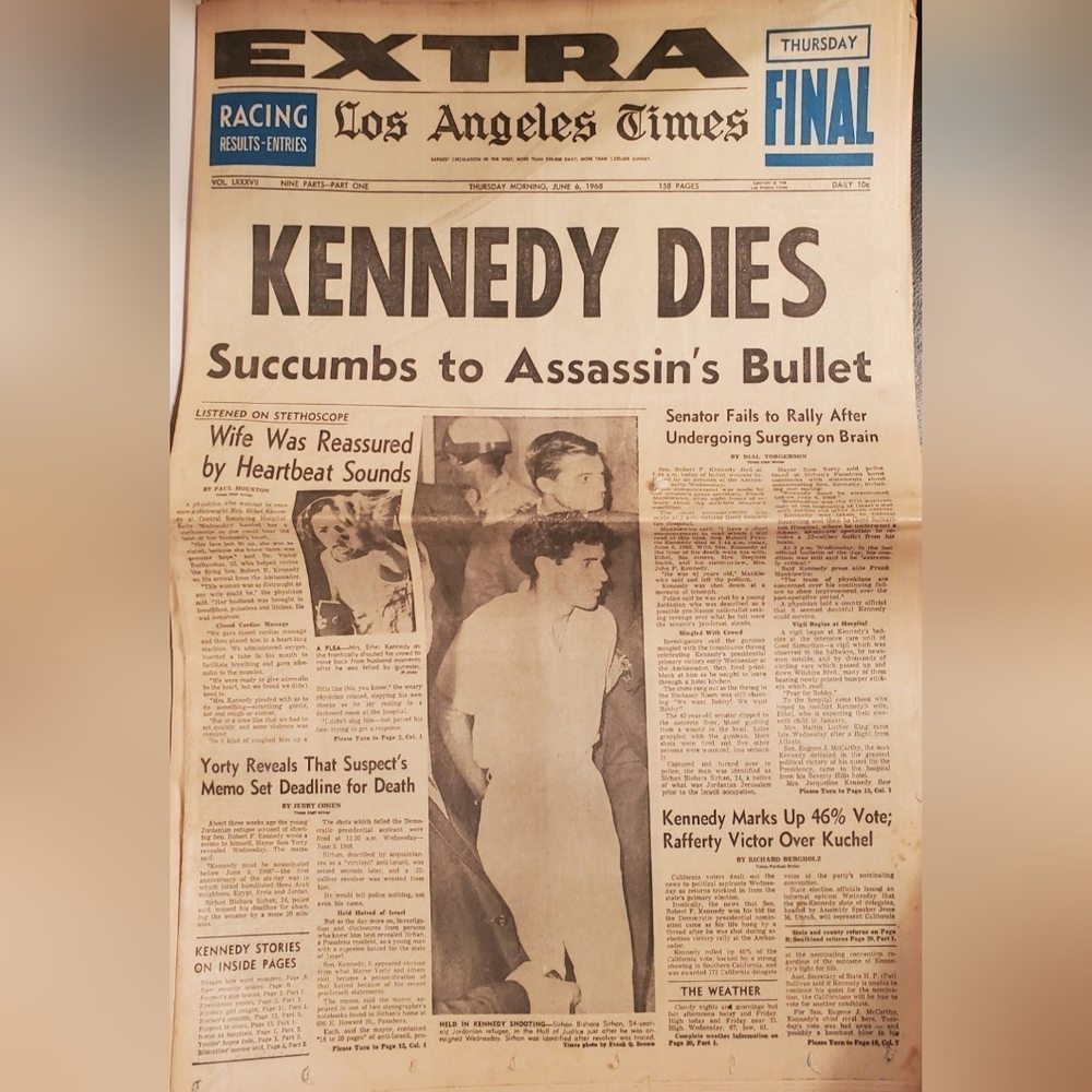 Rare, Los Angeles Times, First edition, After, Robert Kennedy Assassination 1968